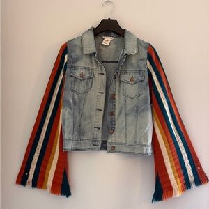 Altar'd State Boho Denim Jacket with Knitted Striped Fringe Sleeves